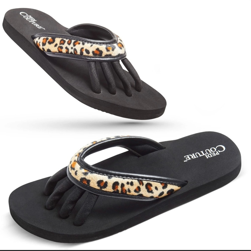 Women's Black Toe-Separator Sandals with Leopard Print Strap